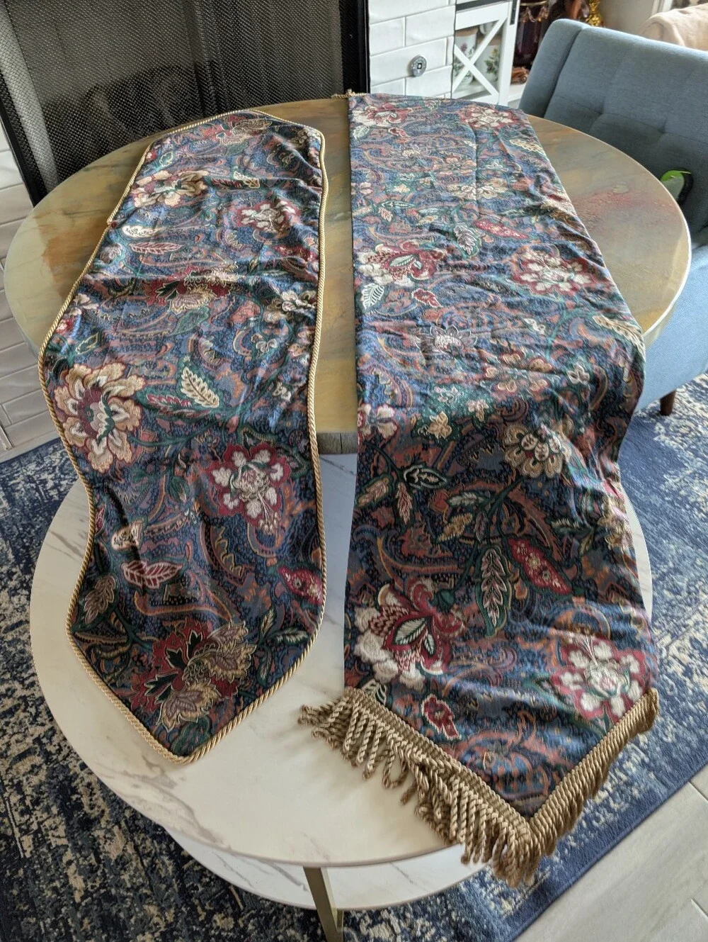 Custom Botanical Teal Table, Console, Dresser Topper Runner Lined